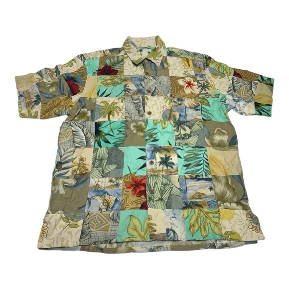 Other - Banana Cabana Shirt Mens Sz Colorful Patchwork 100% Silk Floral Wooden Button